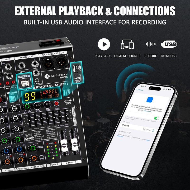 SonixForce 6 Channel Audio Mixer, 99 DSP Sound Board Console with 48V Phantom Power, Professional DJ Mixer for Podcasting, Streaming, Studio Recording (SMX6) - Image 4
